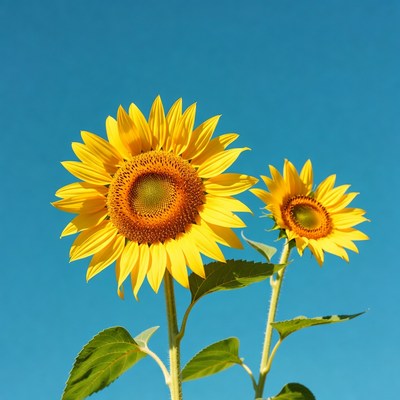 Two Sunflowers Against Blue Sky