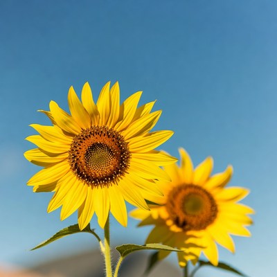 Two sunflowers against blue sky