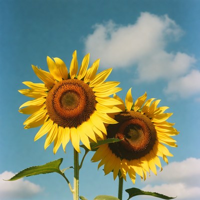 Two Sunflowers Against Blue Sky