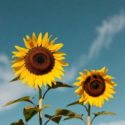 Two Sunflowers Against Blue Sky