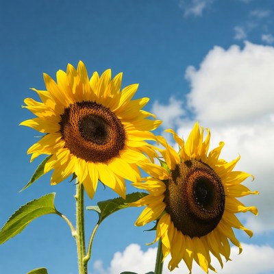 Two Sunflowers Against Blue Sky