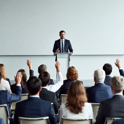 Man speaking at podium to audience