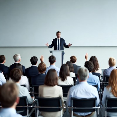 Man speaking at podium to audience