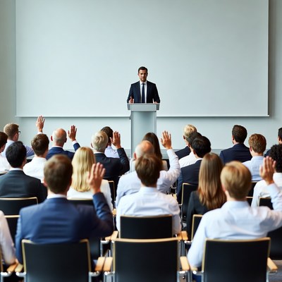 Man speaking at podium with audience raising hands