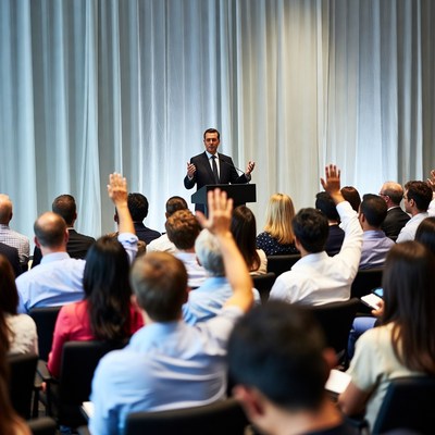 Man speaking at conference with raised hands audience