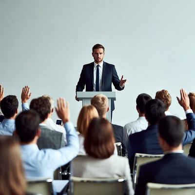 Man speaking at podium with audience