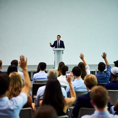 Man speaking at podium with audience