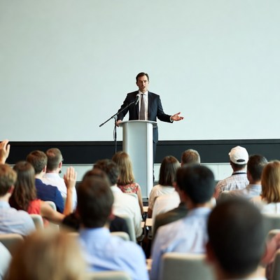 Man speaking at podium to audience