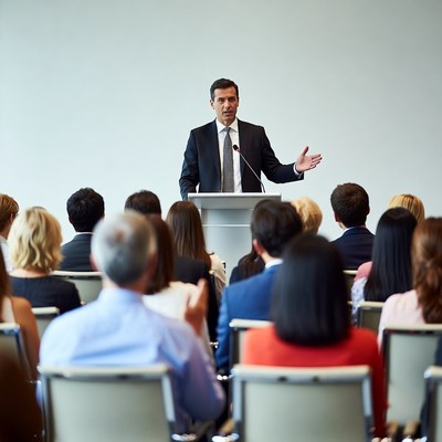 Man speaking at business conference podium