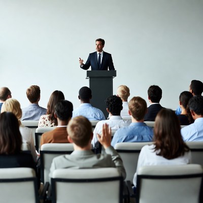 Man speaking at podium to audience
