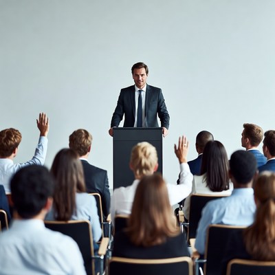 Man speaking at podium with audience