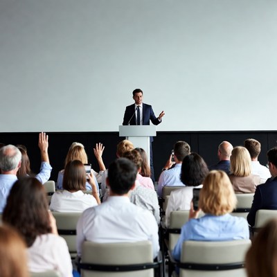 Man speaking at podium to audience