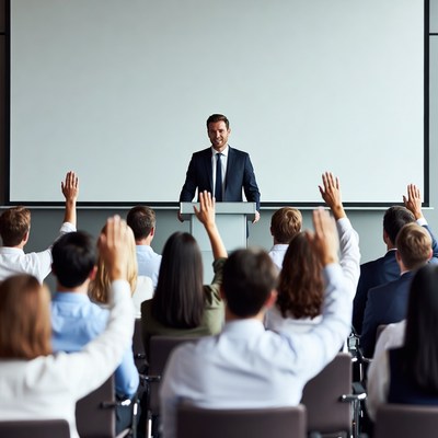 Man speaking at conference with raised hands audience