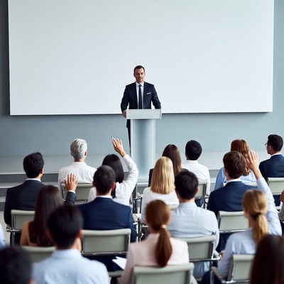 Man speaking at business conference podium