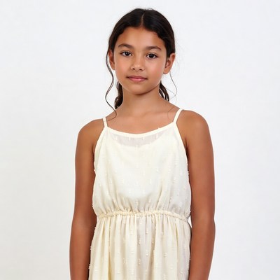 Young girl in white spaghetti strap dress