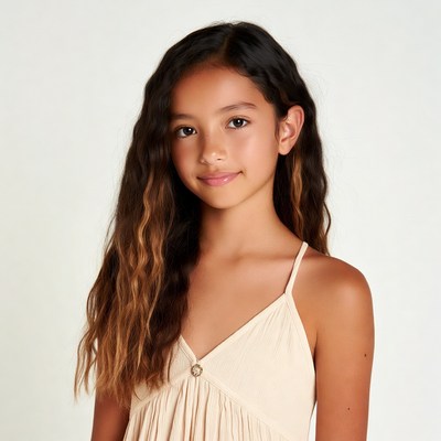 Asian girl in beige dress smiling