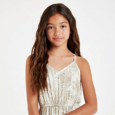 Young Asian girl in leaf print dress