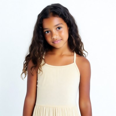 Young Black girl in beige dress