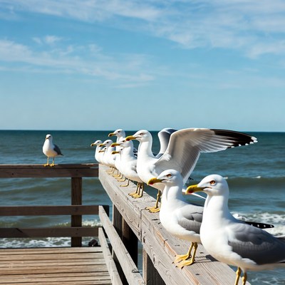Seagulls Lined Up on Pier