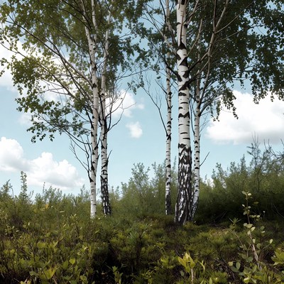 Cluster of birch trees in green forest