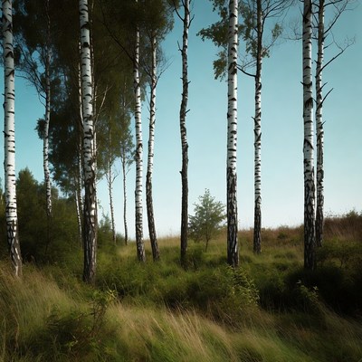 Tall birch trees in green meadow