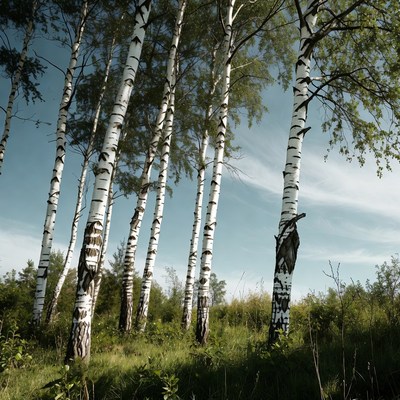 Tall birch trees in green forest