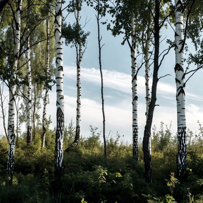 Birch Trees in Green Forest