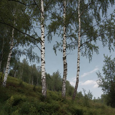 Birch Trees on Grassy Hillside