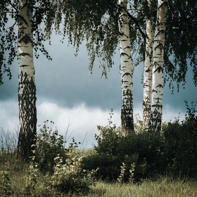 Birch Trees in Cloudy Landscape