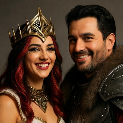 Woman in Crown and Man in Armor Smiling