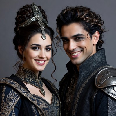 Elegant man and woman in medieval costumes