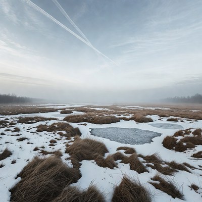 Foggy Marsh with Snow and Contrails