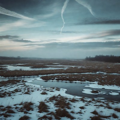 Winter Marsh Landscape with Contrails