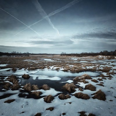 Snowy Marsh with Airplane Contrails