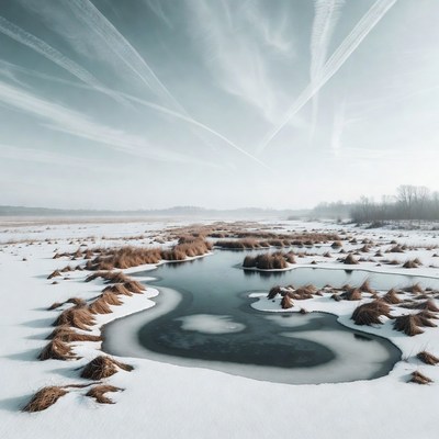 Snowy Marsh with Curved Frozen Pond