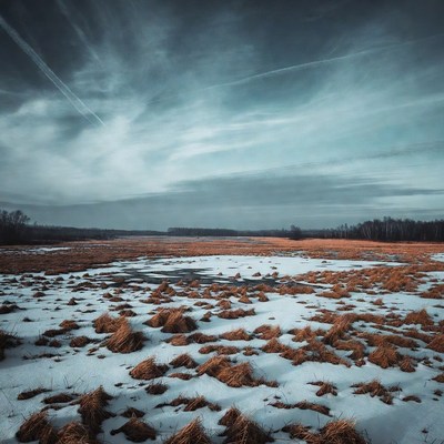 Snowy Marsh with Brown Grasses