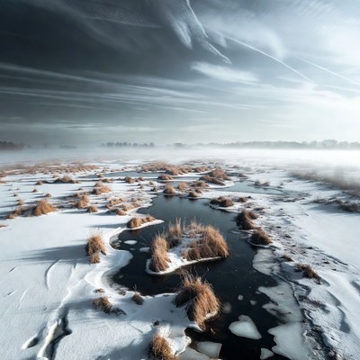 Snowy Marsh with Reeds and Ice