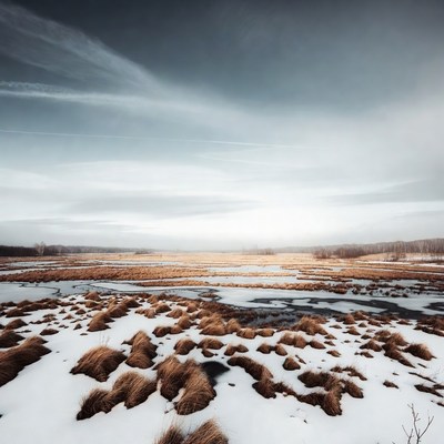 Snowy Marsh Landscape with Reeds