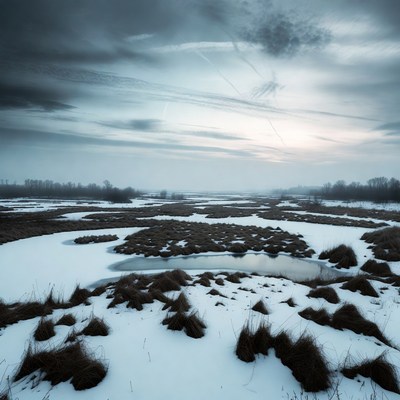 Snowy Marsh Landscape with Contrails