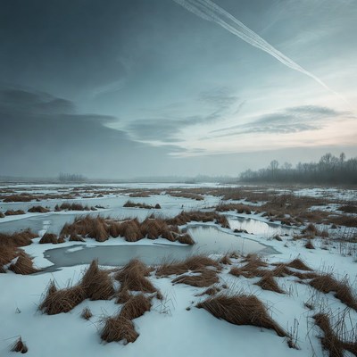 Winter Marsh Landscape with Snowy Reeds