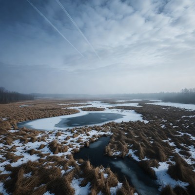 Winter Marsh with Snowy Reeds and Ponds