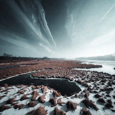 Winter Marsh with Airplane Contrail