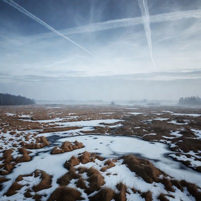 Winter Marsh with Airplane Contrails