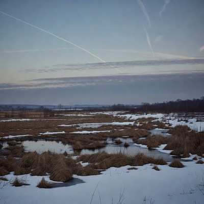 Winter Marsh with Snow and Contrails