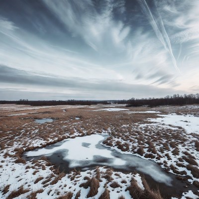 Winter Marsh with Snowy Ponds