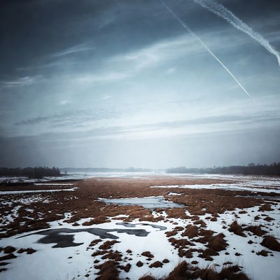 Winter Marsh Landscape with Airplane Trail