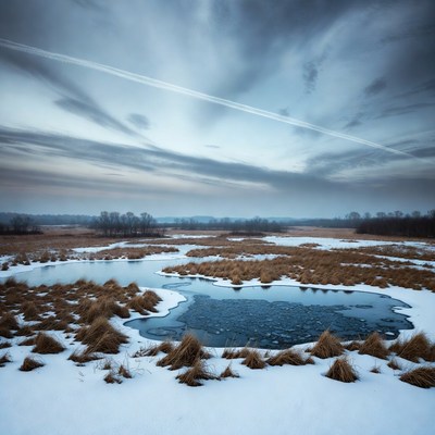 Winter Marsh with Frozen Ponds