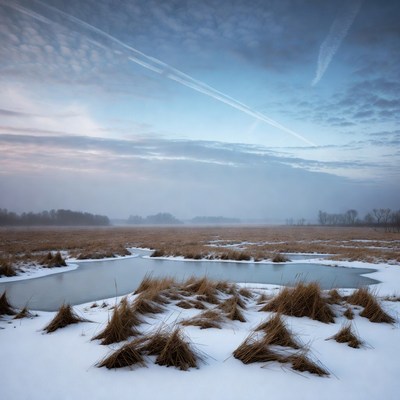 Snowy Marsh with Airplane Trails