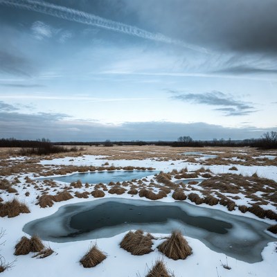 Frozen Ponds in Snowy Reed Marsh