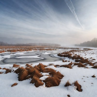 Winter Marsh with Snowy Reeds
